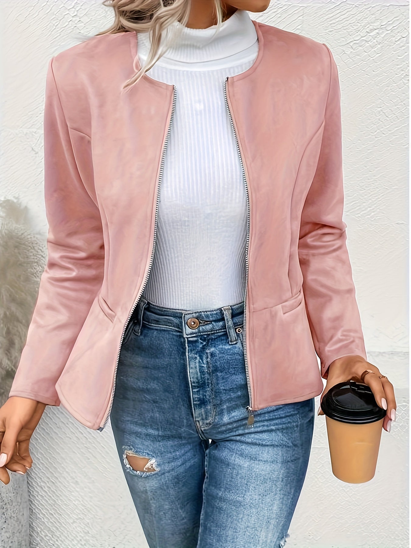 Today's Special! Women's Zip Up Casual Jacket - Slim Fit, Round Neck, Long Sleeve Coat, Trendy, Versatile for All Seasons, Multiple Colors (Black Friday Preview)