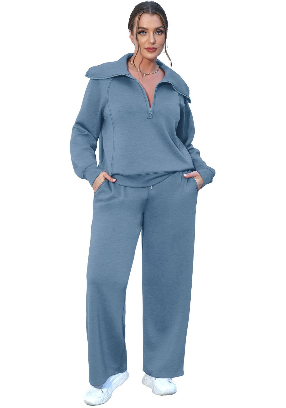 Spring/Autumn Casual Swear Set for Women, Zipper Long-Sleeve Sweatshirt and Wide-Leg Pants 2pcs Set