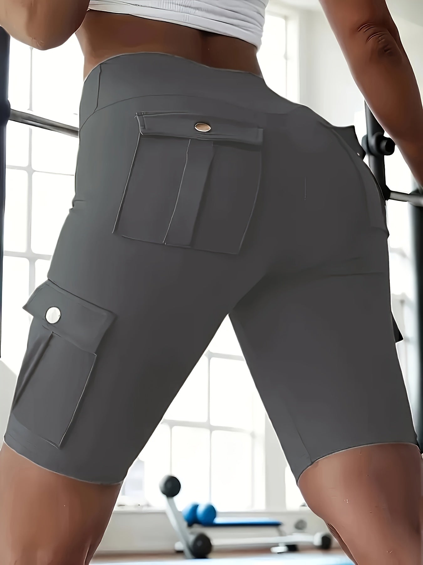 High Waist Women's Solid Color Sports Yoga Tooling Shorts with Pocket Design