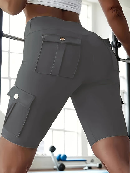 High Waist Women's Solid Color Sports Yoga Tooling Shorts with Pocket Design