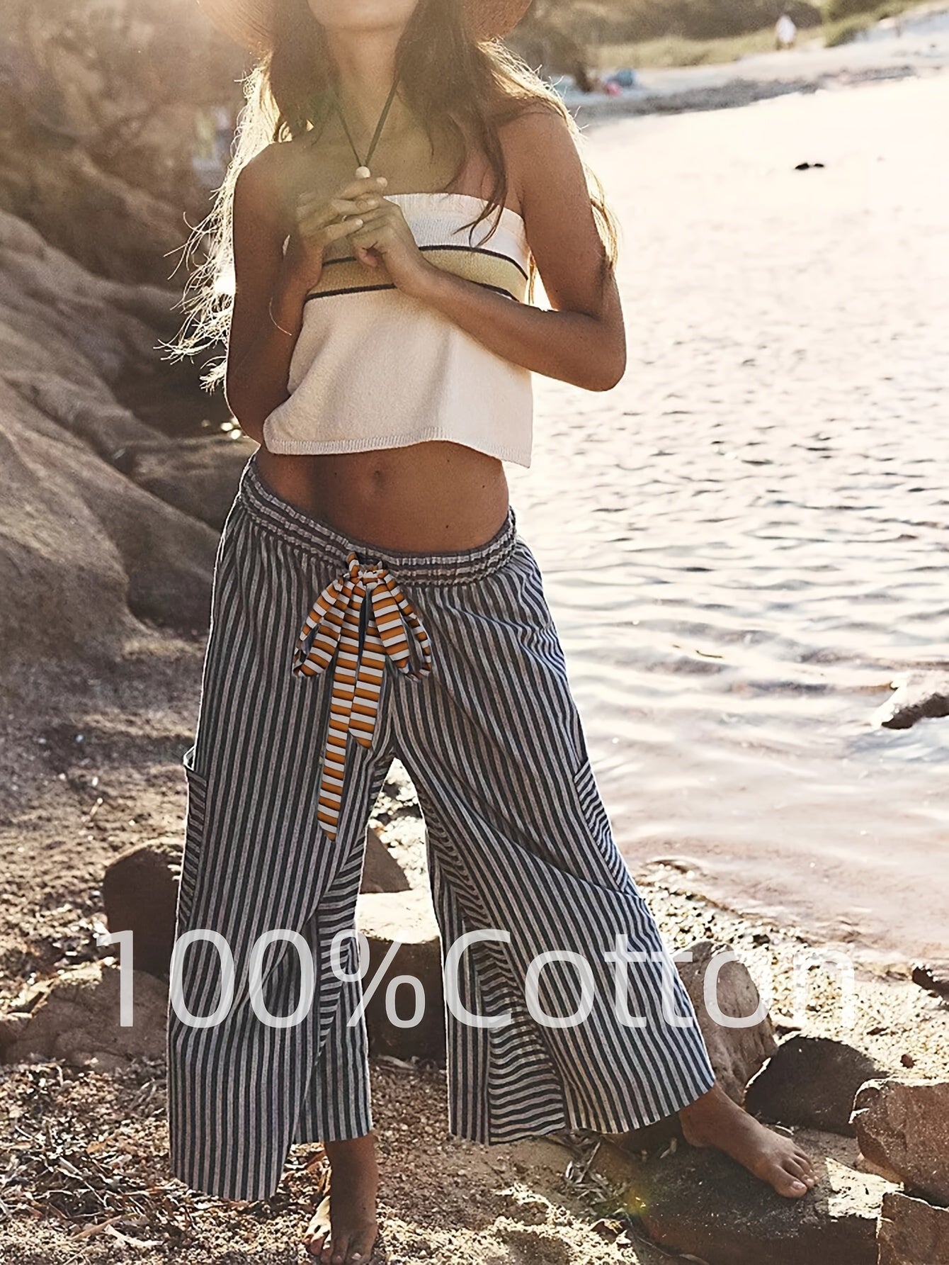 Women's Wide Leg Pants with Elastic Waist & Striped Drawstring - Striped Horizontal Stripes Trousers Suitable for Spring/Summer, Casual Lounge Pants with Side Pockets, Machine Washable Wide-Leg Trousers for Warm Weather