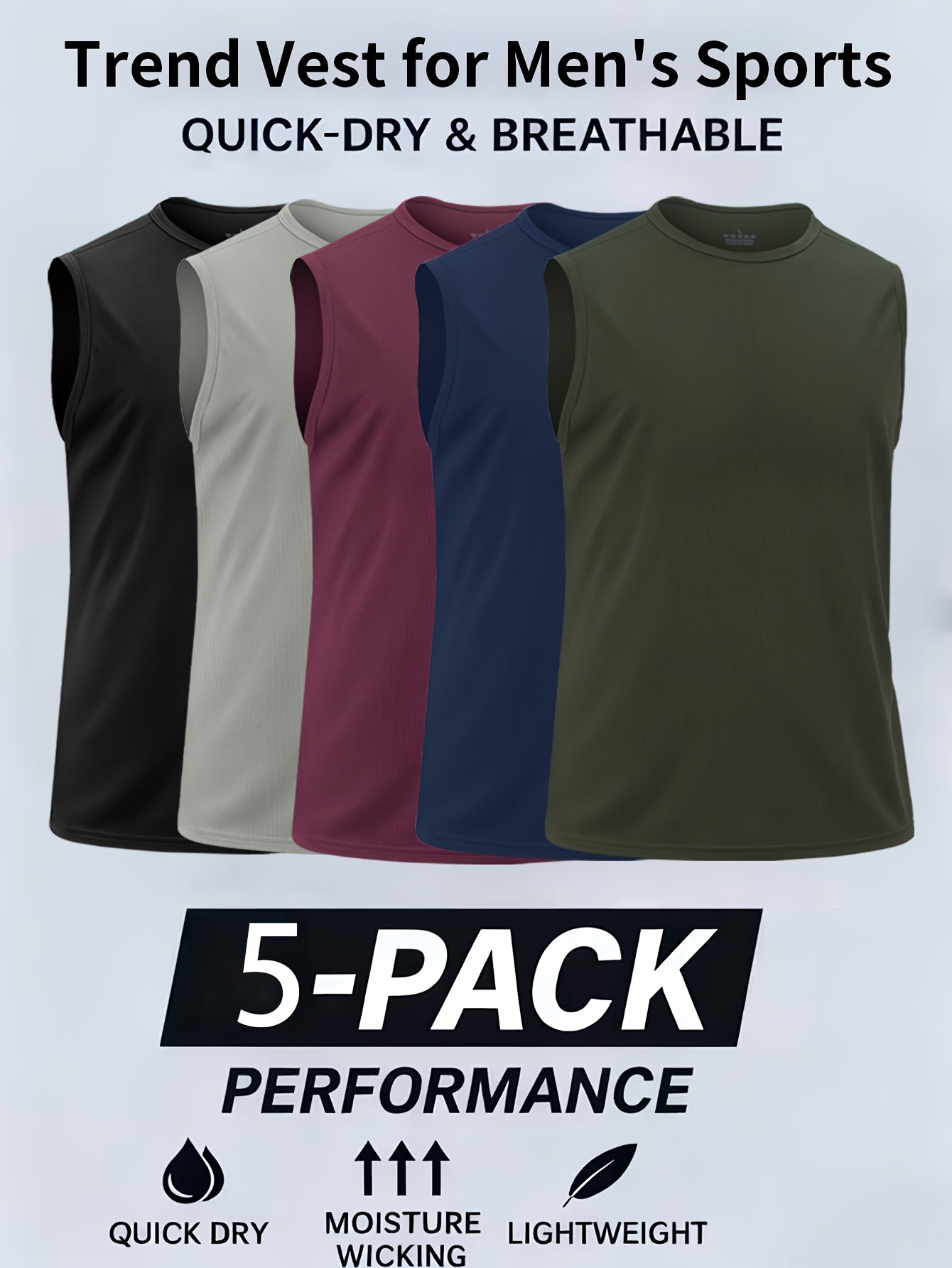 5pcs Men's Quick-Dry Breathable Sleeveless Tank - Moisture-Wicking Athletic Shirts Suitable for Fitness, Gym, Running, Training, Casual Wear, Ultra-Light Thin T-Shirts for Year-Round Use, Machine Washable Solid Color Round Neck