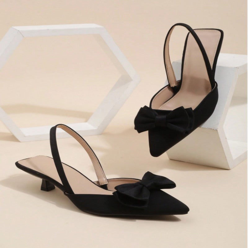 Fashionable Women's High Heel Sandals, Women's High Heels, Exquisite Women's Shoes with A Gentle Style, Black Satin Heels, Pointed Toe with A Bow And Kitten Heel Design, Suitable for Work, Dates, And Daily Commutes. Local Warehouse., Women Shoes