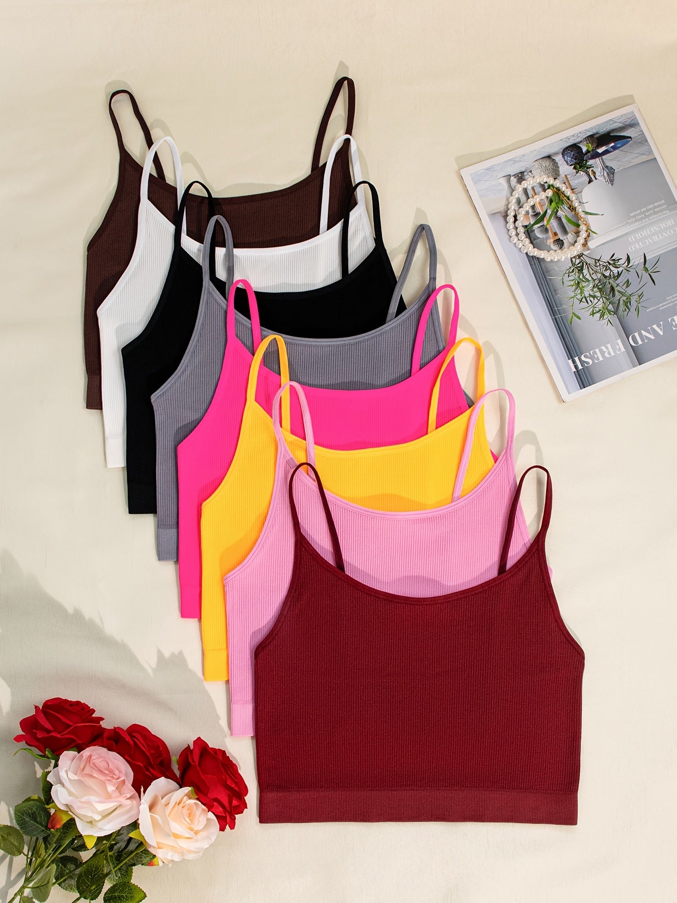 8pcs Multi-color Cute Side Stripe Sexy Strapless Ladies Casual Outerwear Camisole Tank Top & Solid Color Non-Steel Ring Breathable Comfortable Daily Bra