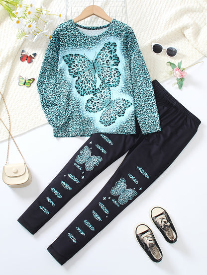 Girls' 2pcs Set Long Sleeve Top and Jeggings with Butterfly & Leopard Print, Crew Neck Pullover, Regular Fit Knit Polyester 95% with 5% Elastane, Long Length, for Spring/Fall Casual Wear, for Outdoor, Perfect for Outdoor