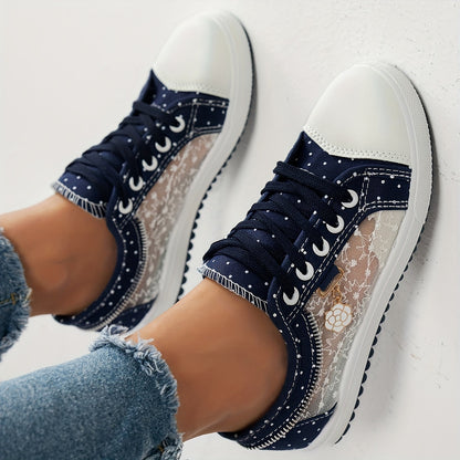 Breathable Mesh Women's Flats - Casual Low-Top Sneakers with Floral Design, Plus Size Available