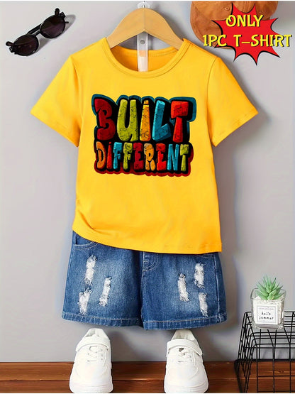 Boys' Casual Comfortable Summer Short Sleeve Crew Neck T-Shirt- BUILT DIFFERENT Creative Print Fashion Summer Gift