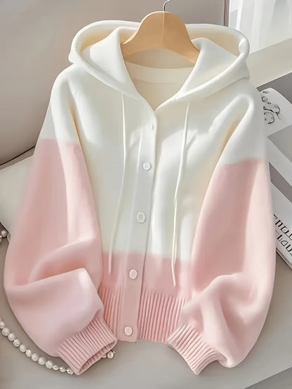 Plus Size - Fresh Pink & White Contrast Hooded Cardigan, Cozy Long Sleeve Cardigan with Button Details, Perfect for Fall/Winter