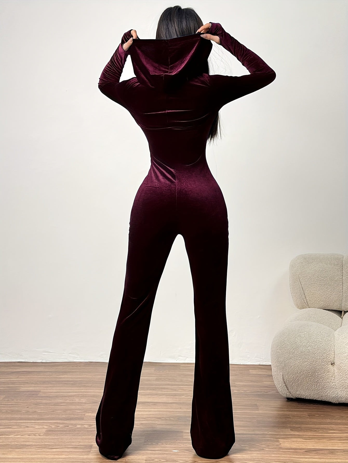 Spring And Autumn Women'S Casual Simple Solid Color Hooded Zipper Velvet Slim Fit Jumpsuit