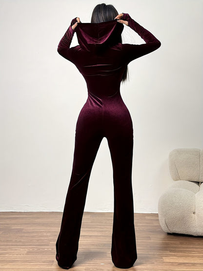 Spring And Autumn Women'S Casual Simple Solid Color Hooded Zipper Velvet Slim Fit Jumpsuit