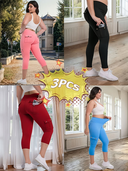 3-Pack High Waisted Cargo Yoga Pants With Slide Pockets - Tummy Control, 4 Pockets, Breathable 4-Way Stretch, Moisture Wicking, Perfect For Running, Gym & Yoga Lovers