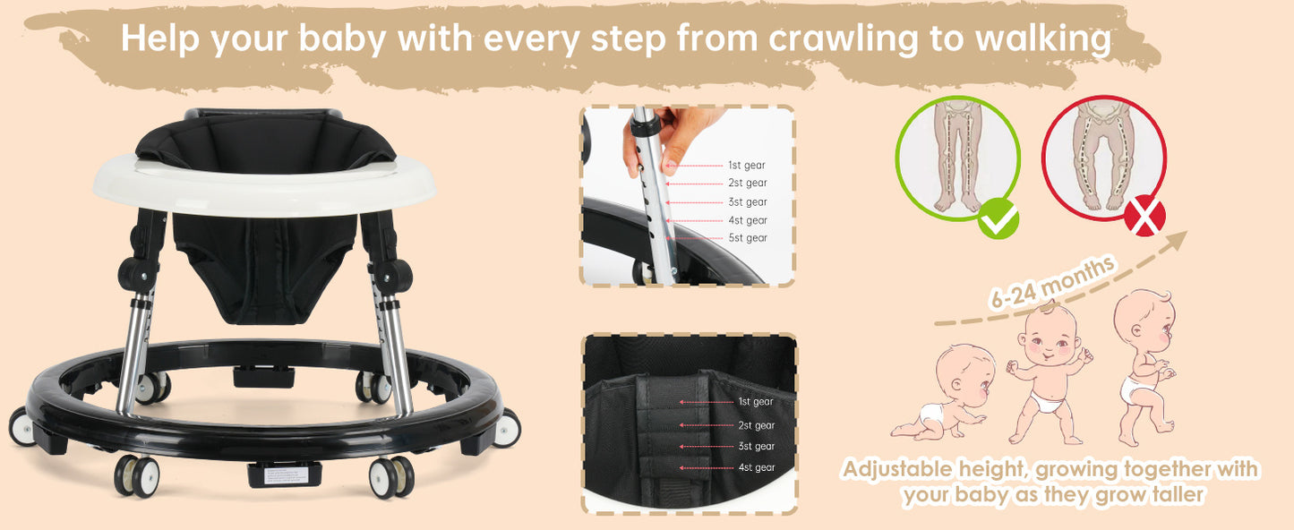 Baby Walker Foldable with 9 Adjustable Heights, Baby Walkers and Activity Center for Boys Girls Babies 6-12 Months, Baby Walker and Bouncer Combo with Wheels Portable Anti-Rollover, Mother's Choice