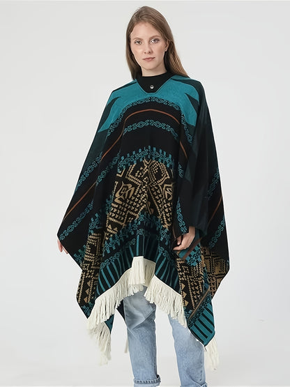 Men's Western Bandit Cape Coat with Tribal Print, Warm V-Neck Poncho with Tassel Trim for Outdoor Adventures, Fall and Winter Casual Wear (Brown/ White)
