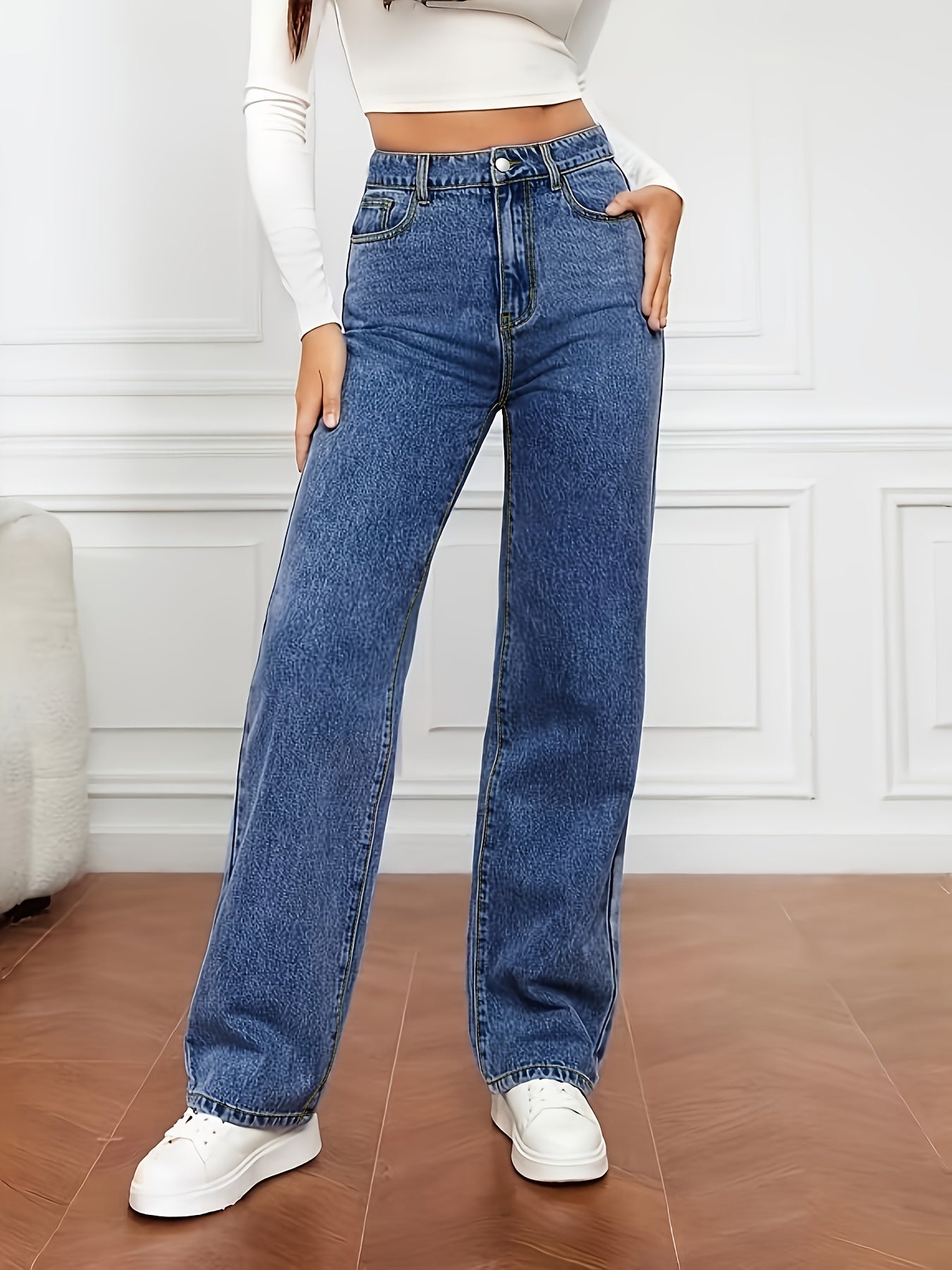 Light Blue Denim Zip Closure Straight Denim Trousers, High-waisted Street, Minimalist Design, Casual And Versatile, Loose Four-season Plus Size Jeans