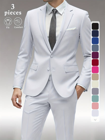 Men's Solid Color Complete 3pcs Suit Set Slim Fit Modern Tailored for Weddings Business Graduation Father's Day Gifting Express Delivery