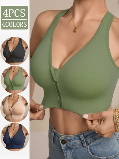 Set of 4 Women'S Wireless Bras Featuring Removable Padding, Front Zipper, X-Shaped Back, And No Underwire. Available in Solid Black, Suitable for Sports, Daily Use, And Versatile Occasions