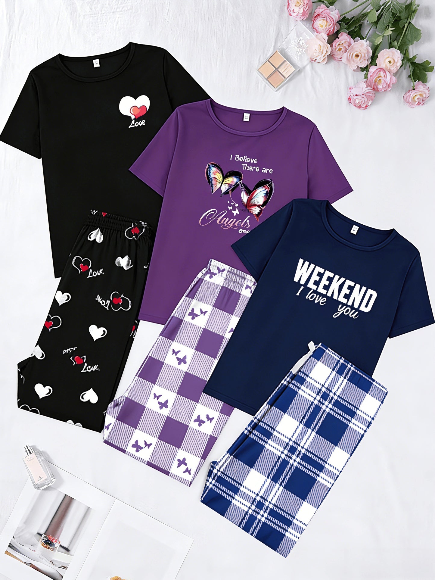Set of 6 Plus Size Women'S Sleepwear Featuring a New Heart And Butterfly Design on a Short Sleeve Top Paired with Heart Checkered Pajama Pants