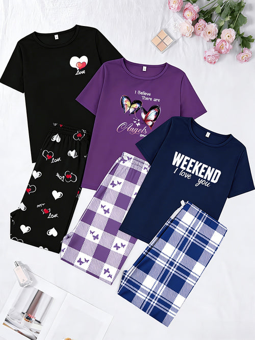 Set of 6 Plus Size Women'S Sleepwear Featuring a New Heart And Butterfly Design on a Short Sleeve Top Paired with Heart Checkered Pajama Pants