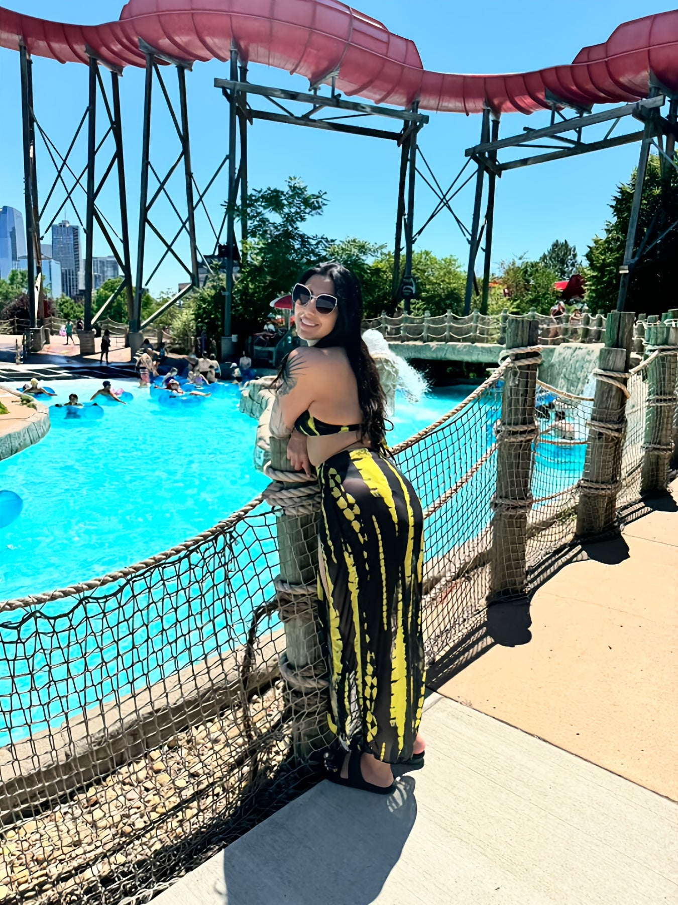 Fashionable And Sexy Tie-Dye Hanging Neck Split One-Piece Swimsuit, Women'S Swimsuit Three-Piece Set, High-Thigh Bikini Set, Hollowed-Out Design And Flowing Skirt Elements, Suitable for Pool Parties And Island Vacation Scenes