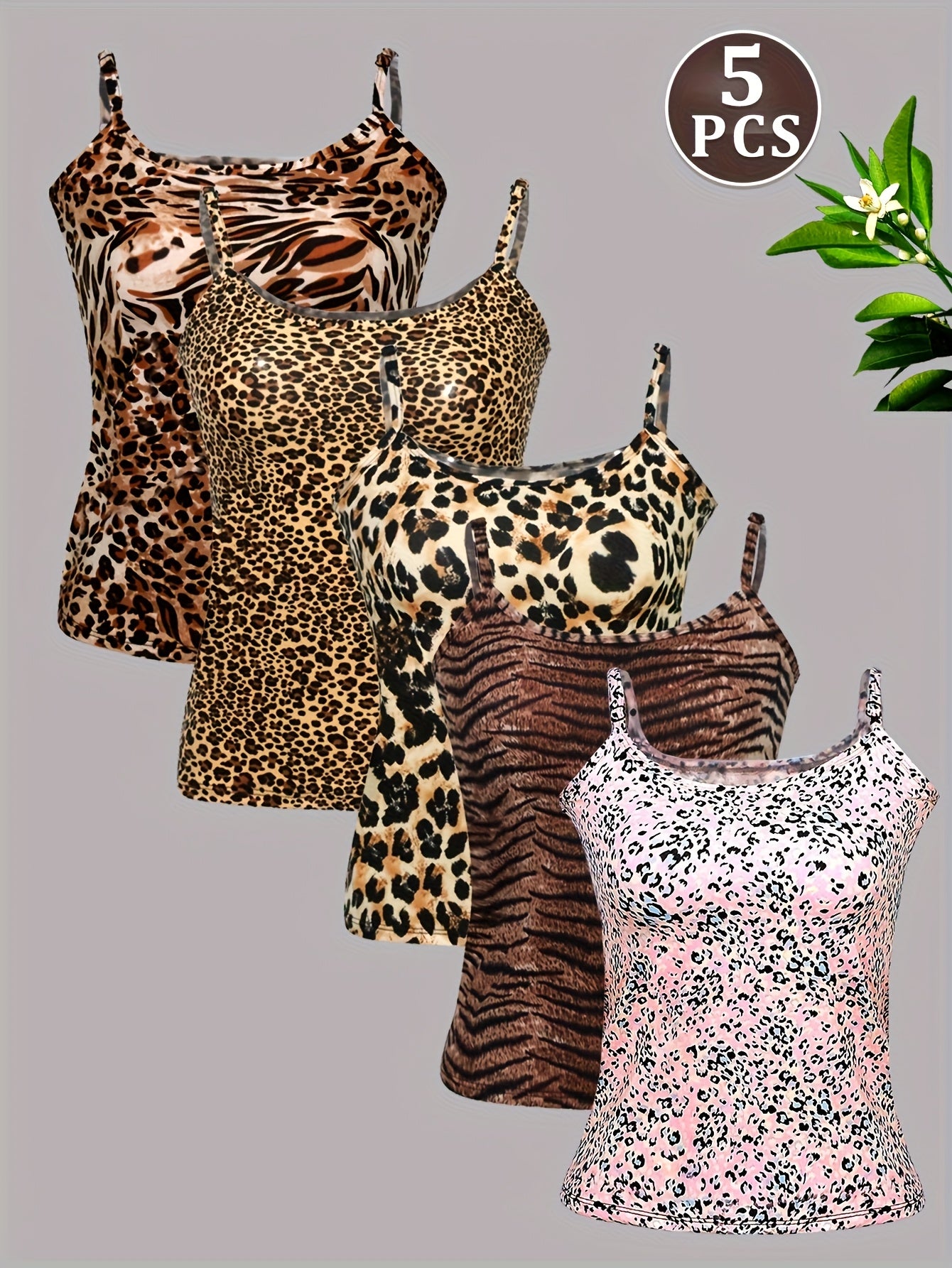 5pcs Set Of Summer Sexy Leopard Print Camisoles for Outerwear And Innerwear, Top And Base Shirt
