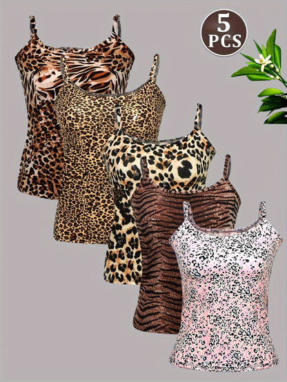 5pcs Set Of Summer Sexy Leopard Print Camisoles for Outerwear And Innerwear, Top And Base Shirt