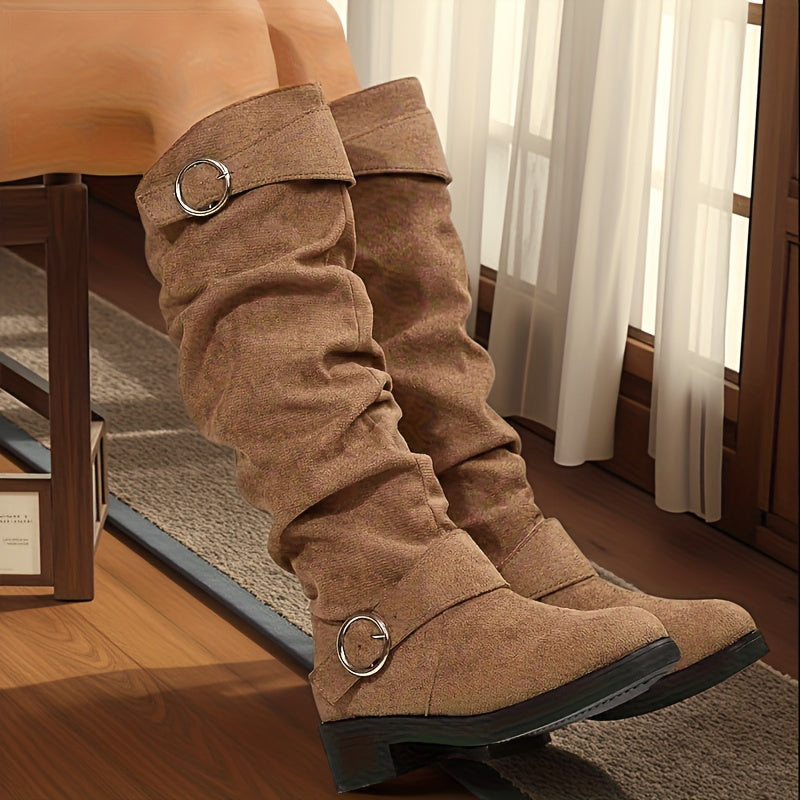 Women'S Ruched Slouchy Boots, Chunky Heel Long Boots, Versatile Over-The-Knee Boots, Women Shoes