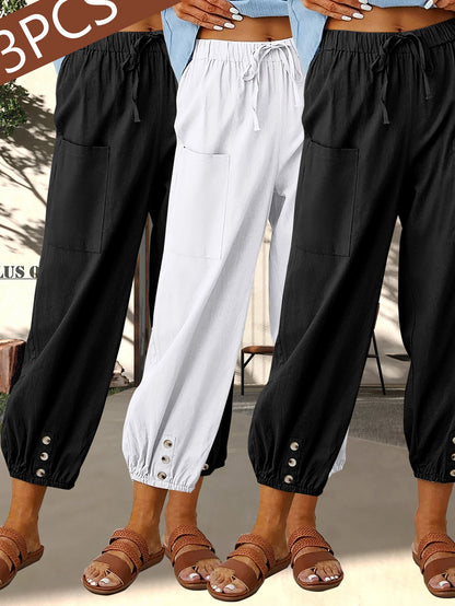 3-Pack Women'S Loose Casual Pants, Solid Color Linen Blend Wide-Leg Trousers With Pockets, For Daily Commute & Casual Wear