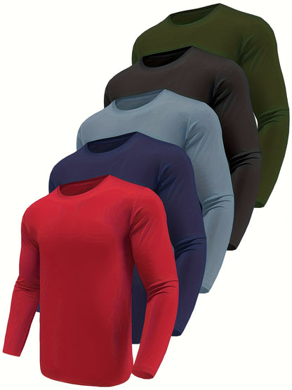 Kinglaman 5pcs Men'S Quick Dry Long Sleeve T-Shirts for Casual Workouts with Moisture-Wicking Performance