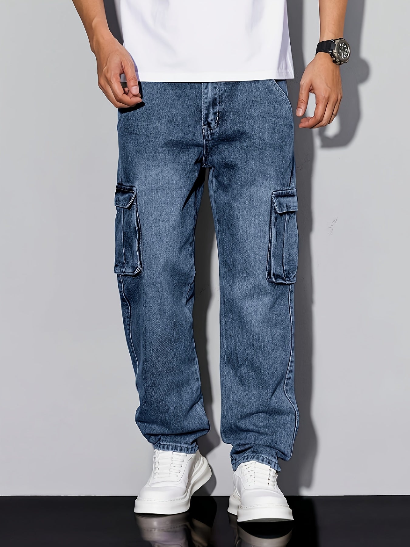 [HME] Men's Simple And Casual Denim Trousers, Retro Snowflake Washed Classic Blue, Three-dimensional Cut Functional Multi-pocket Work Pants, Mid-waist Elastic Straight-leg Pants, Essential for Daily Casual Wear, Classic Men's Plus-size Jeans
