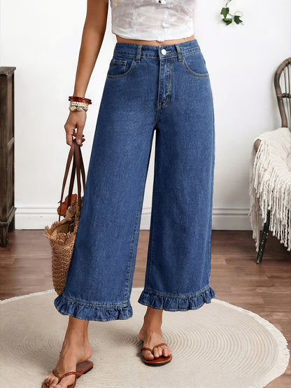Women's Capri Pants, Long-length Denim Jeans with an Elastic Waistband, Ruffled Hems, Loose and Comfortable Fit, Solid Blue Color, High-waisted Straight-leg Style, with Pockets, Elegant, Mature, Fashionable, Casual, and Versatile, Suitable for Spring