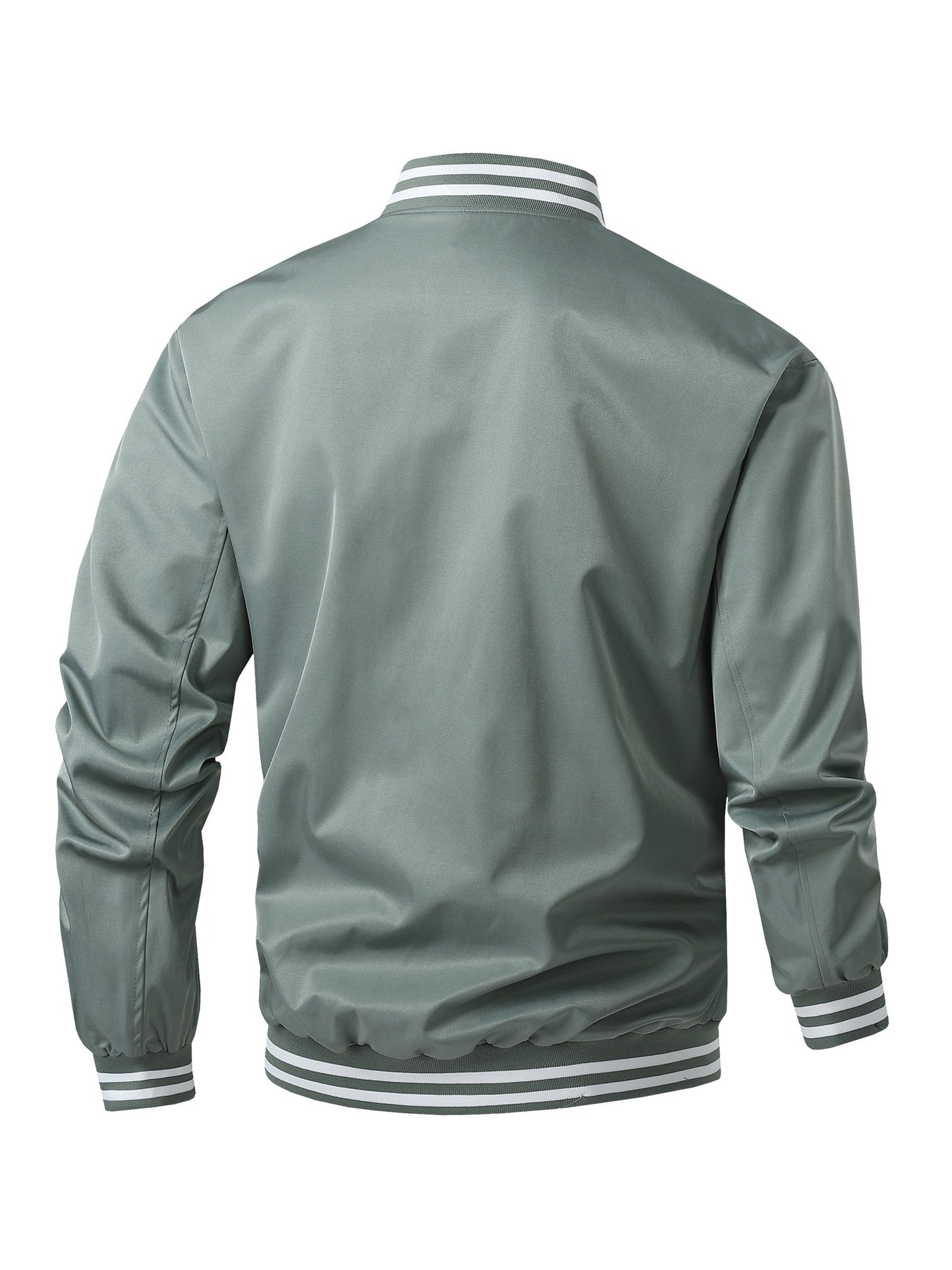 Men'S Plus Size Lightweight Varsity Jacket - Preppy Style, Baseball Collar, Button-Up, Solid Color with Striped Accents, Polyester, Machine Washable & Dry Cleanable, with Pockets, Sports Jacket|Loose Fit Jacket|Glossy Finish Jacket, PLUS SIZE