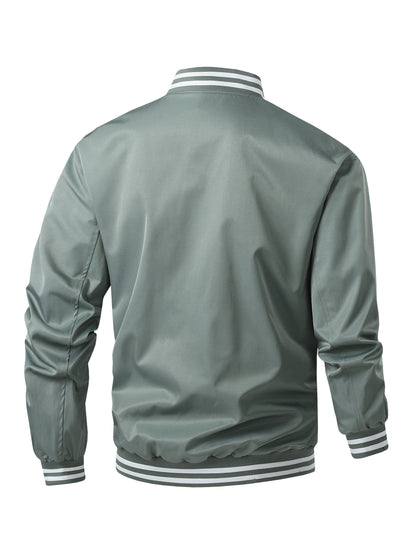 Men'S Plus Size Lightweight Varsity Jacket - Preppy Style, Baseball Collar, Button-Up, Solid Color with Striped Accents, Polyester, Machine Washable & Dry Cleanable, with Pockets, Sports Jacket|Loose Fit Jacket|Glossy Finish Jacket, PLUS SIZE