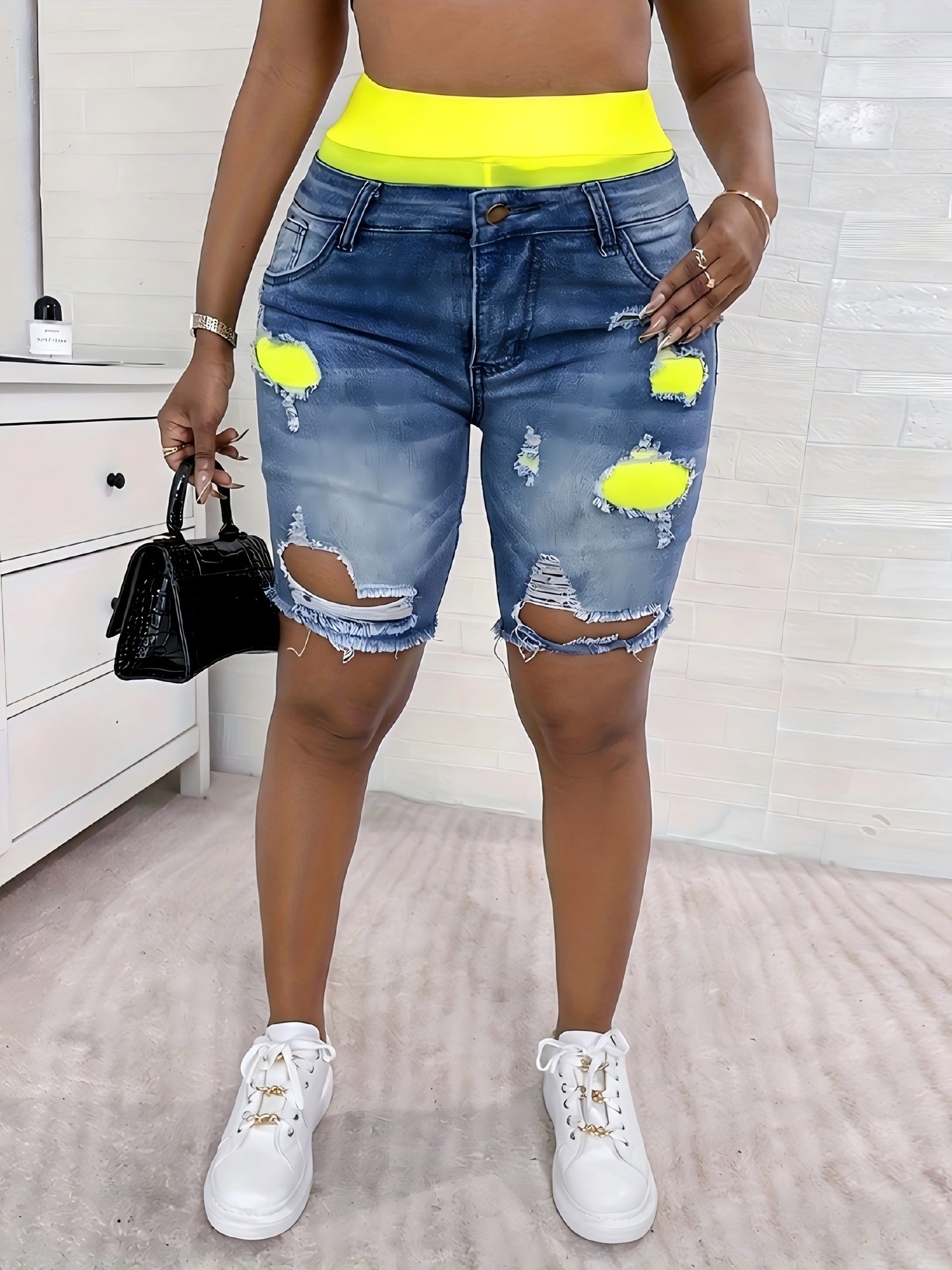 Denim Shorts: Color Block Printed Distressed Shorts/w Fitness Running Shorts