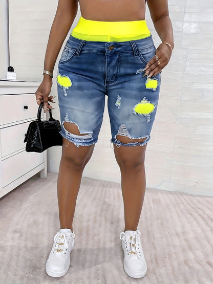Denim Shorts: Color Block Printed Distressed Shorts/w Fitness Running Shorts