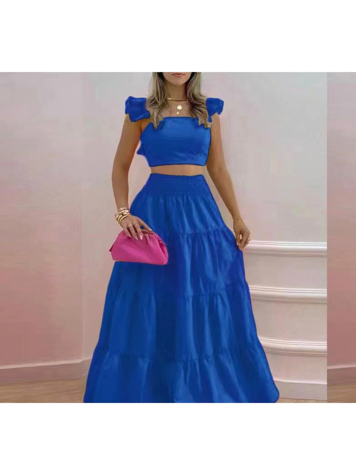 22024 (1pc) Summer Blooms Two-Piece Set - Womens Ruffled Crop Top & Flowy Maxi Skirt Ensemble, Elegant Occasion Wear