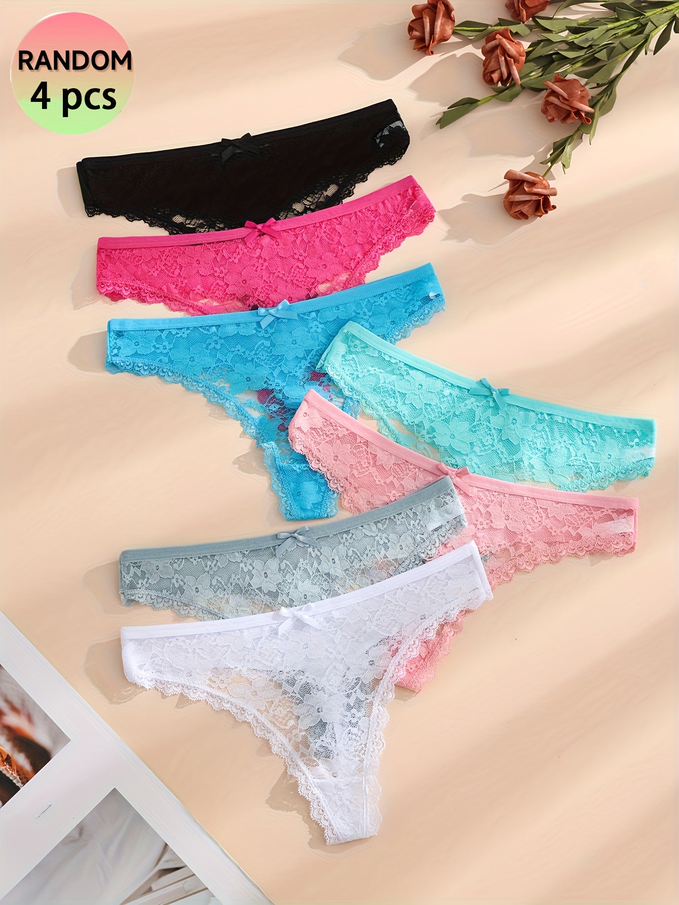 4pcs Of Mixed Color Lace Sexy Women's Underwear, Soft And Breathable Bow-tie Minimalist Women's Thong, Sexy Lingerie Panties.