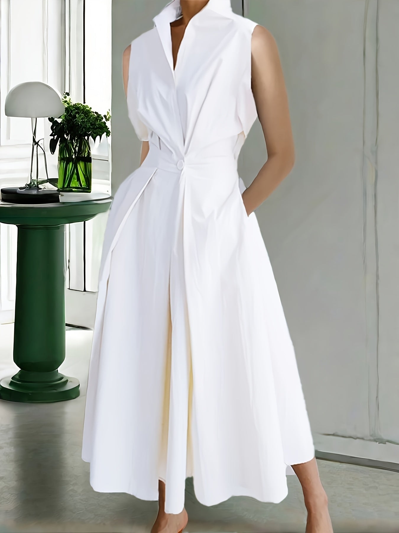 Sleeveless Solid Color Lapel Long Dresses Midi Dresses