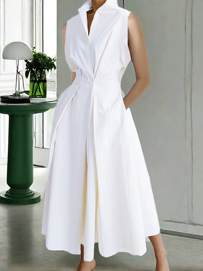 Sleeveless Solid Color Lapel Long Dresses Midi Dresses