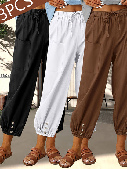 3-Pack Women'S Loose Casual Pants, Solid Color Linen Blend Wide-Leg Trousers With Pockets, For Daily Commute & Casual Wear