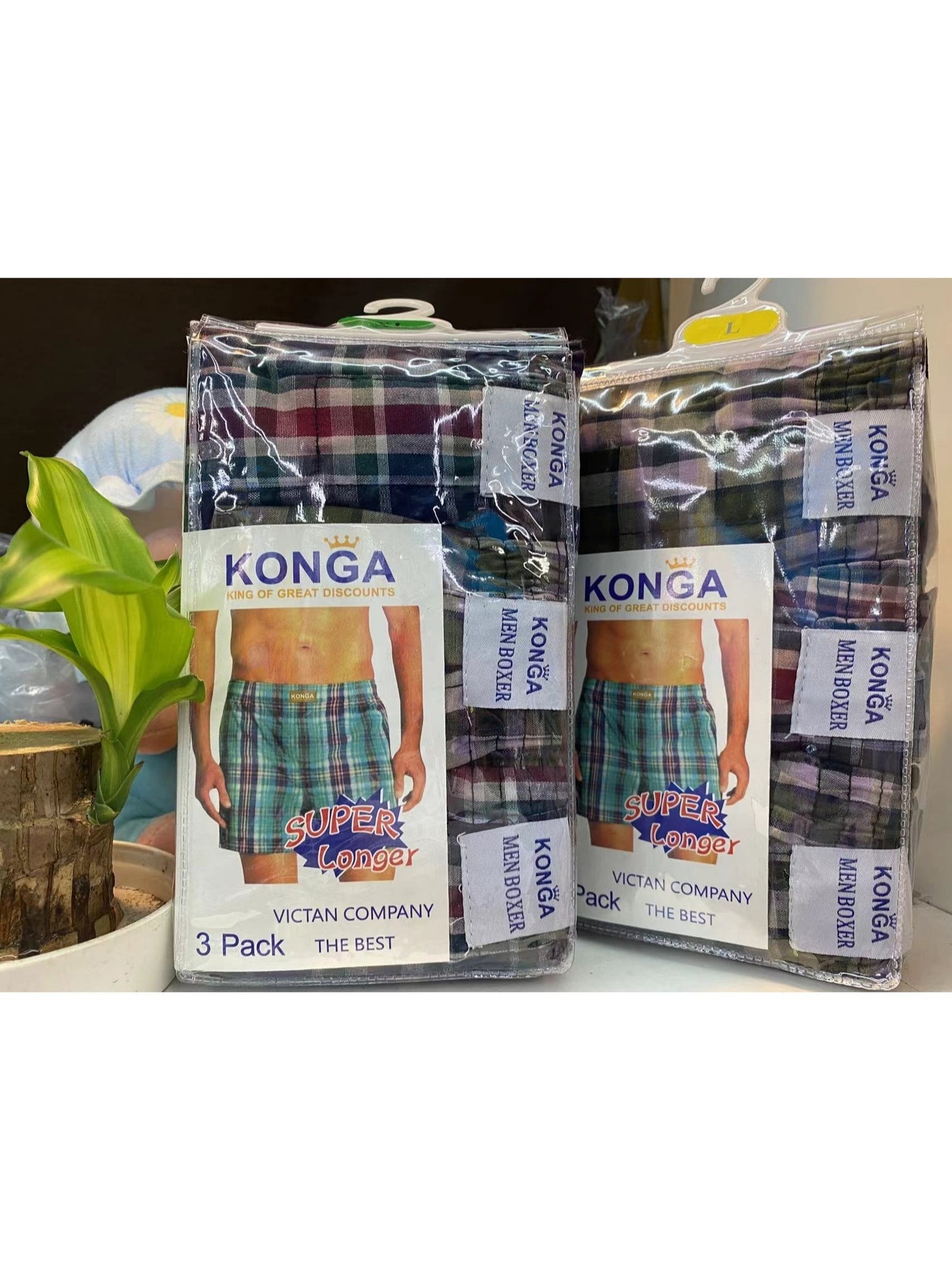 konga Men's 6-pack mixed color plaid print cotton boxer briefs