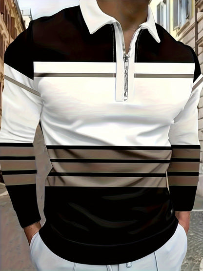 Men'S Long-Sleeve Polo Shirt with a Zip Collar, Featuring Stripes, Suitable for Spring And Autumn Fashion