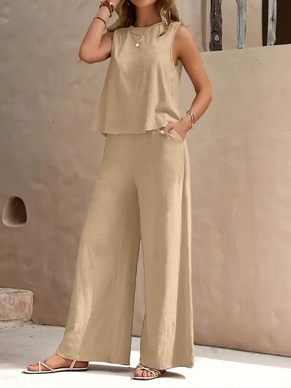 Women 2pcs Lounge Set, Crew Neck Sleeveless Tank Top Wide Leg Pants, Summer Casual Outfit for Daily, Travel Or Party