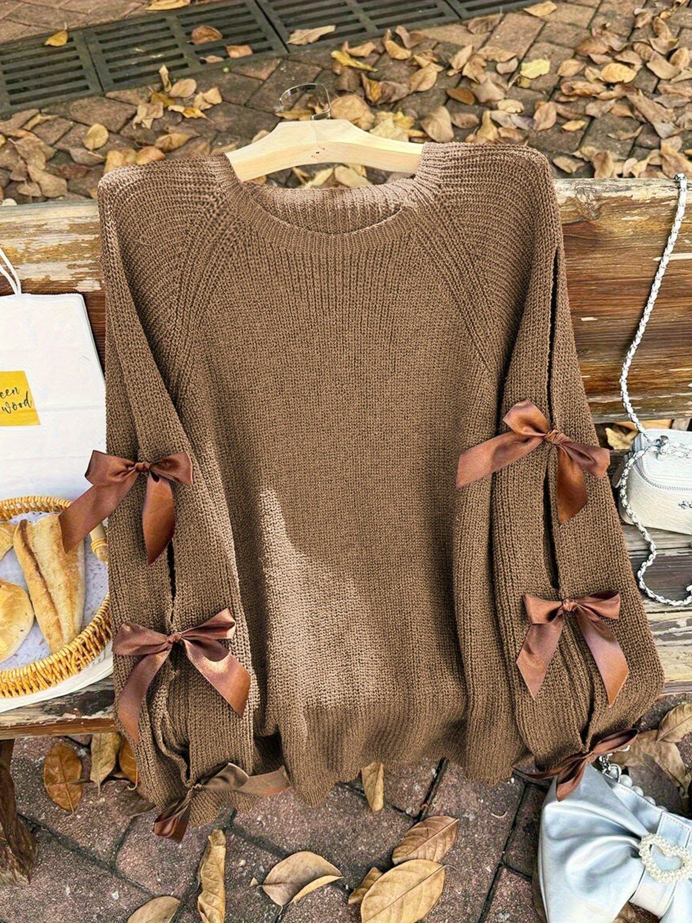 Plus Size, Plus-size  Sweet Style, Round Neck Balloon Sleeve Bow Sweater, Autumn and Winter Atmosphere Items