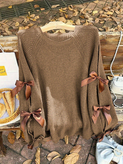 Plus Size, Plus-size  Sweet Style, Round Neck Balloon Sleeve Bow Sweater, Autumn and Winter Atmosphere Items