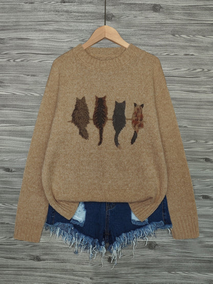 [Cozy Cat Sweater] Cozy Cable Sweater with Playful Cat Print | Women'S Beige & Brown, Loose Fit, Long Sleeve, Round Neck, Casual Spring And Autumn Top Ropa De Mujer Promotion Local Warehouse Discount