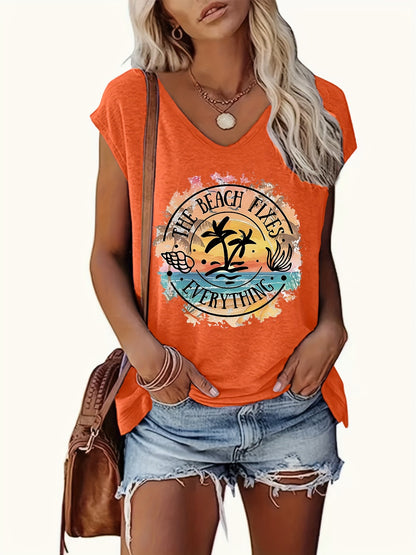 Casual Tank Top Featuring a Letter And Coconut Tree Design, Perfect for Summer And Spring with Cap Sleeves, Suitable for Women'S Wear