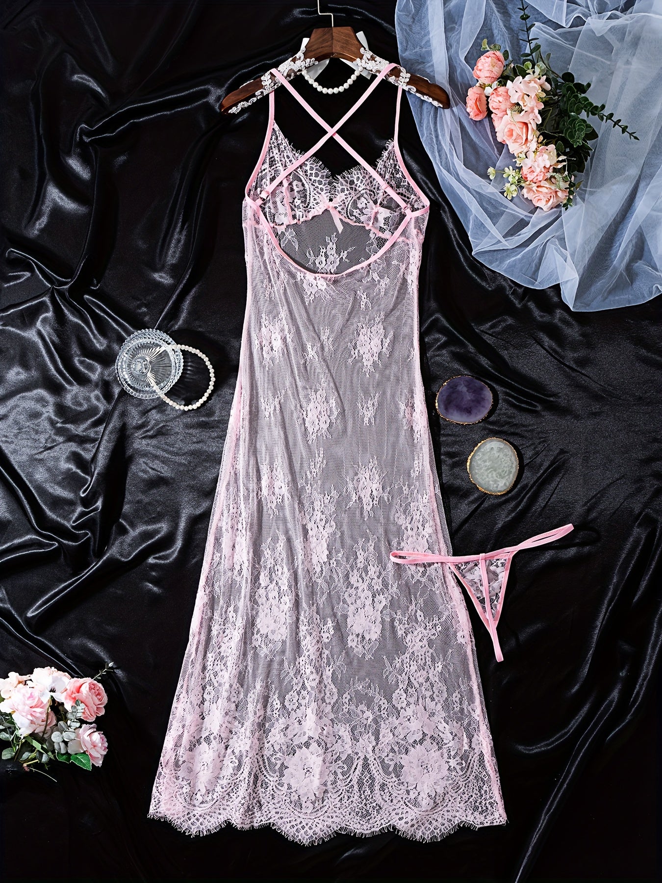 Sexy Sheer Lace & Mesh Lingerie Dress with Deep V Backless, Adjustable Straps & Bow Accents - Women's Elegant Nightwear for Intimate Occasions, Ladies Lingerie, Special Occasion Wear, Butterfly Knot Detail, Medium Elasticity
