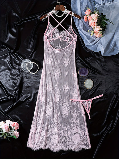 Sexy Sheer Lace & Mesh Lingerie Dress with Deep V Backless, Adjustable Straps & Bow Accents - Women's Elegant Nightwear for Intimate Occasions, Ladies Lingerie, Special Occasion Wear, Butterfly Knot Detail, Medium Elasticity