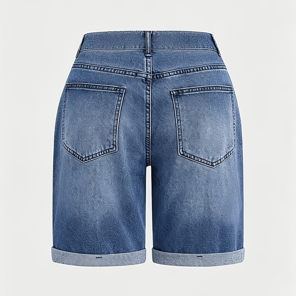Women's Blue Bermuda Elastic Cargo Jeans Shorts | High Waist, Multiple Pockets, Straight Leg, Medium Stretch Fabric for Spring/Summer