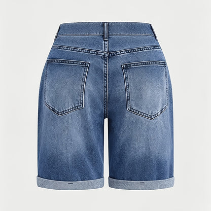 Women's Blue Bermuda Elastic Cargo Jeans Shorts | High Waist, Multiple Pockets, Straight Leg, Medium Stretch Fabric for Spring/Summer